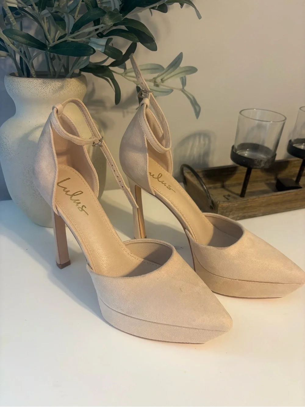 Lulu's Nude Pointed-Toe Ankle-Strap Stiletto Heels